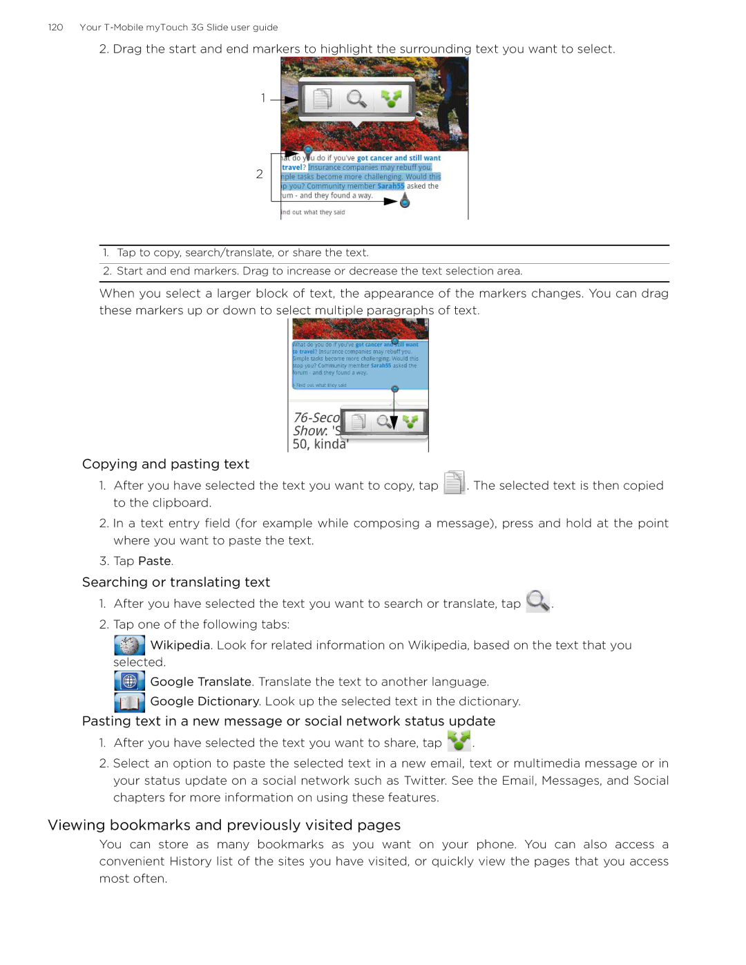 HTC MyTouch3GBLKTMB, myTouch 3G Slide manual Viewing bookmarks and previously visited pages, Copying and pasting text 