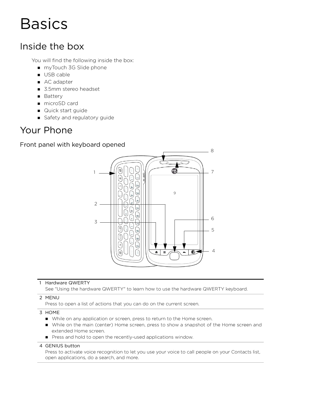 HTC myTouch3G-UN, MyTouch3GBLKTMB, myTouch 3G Slide Basics, Inside the box, Your Phone, Front panel with keyboard opened 