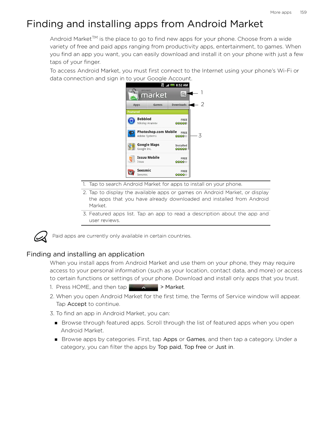 HTC MyTouch3GBLKTMB, myTouch3G-UN Finding and installing apps from Android Market, Finding and installing an application 