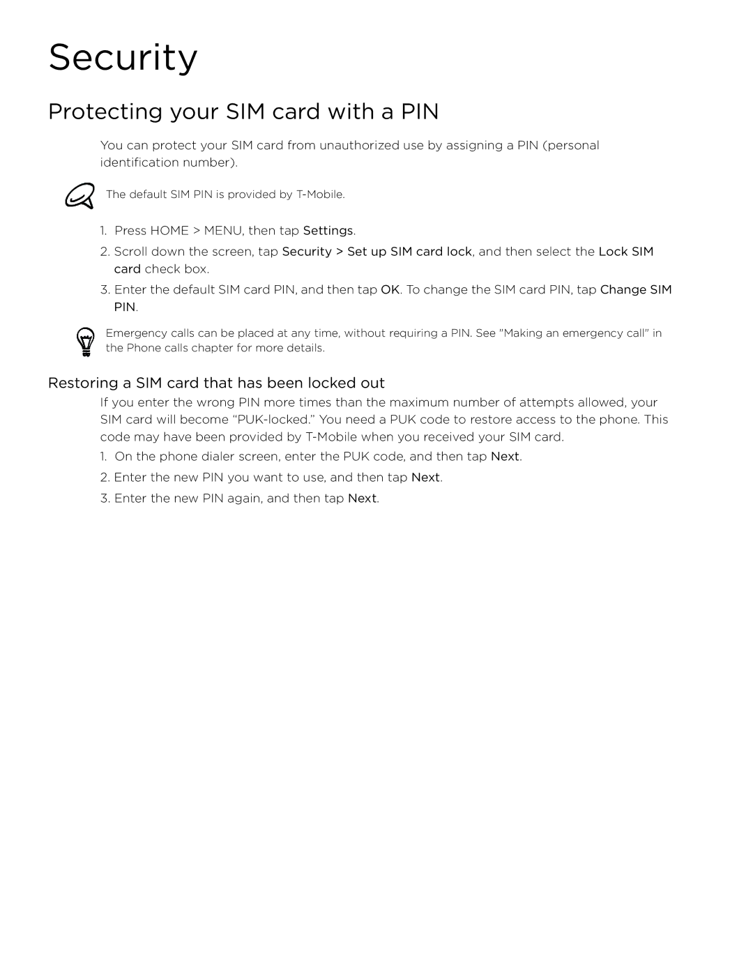 HTC MyTouch3GBLKTMB manual Security, Protecting your SIM card with a PIN, Restoring a SIM card that has been locked out 
