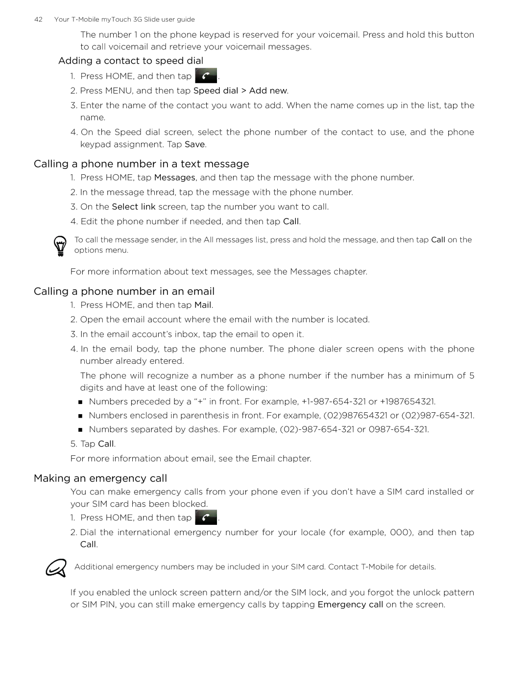 HTC MyTouch3GBLKTMB Calling a phone number in a text message, Calling a phone number in an email, Making an emergency call 