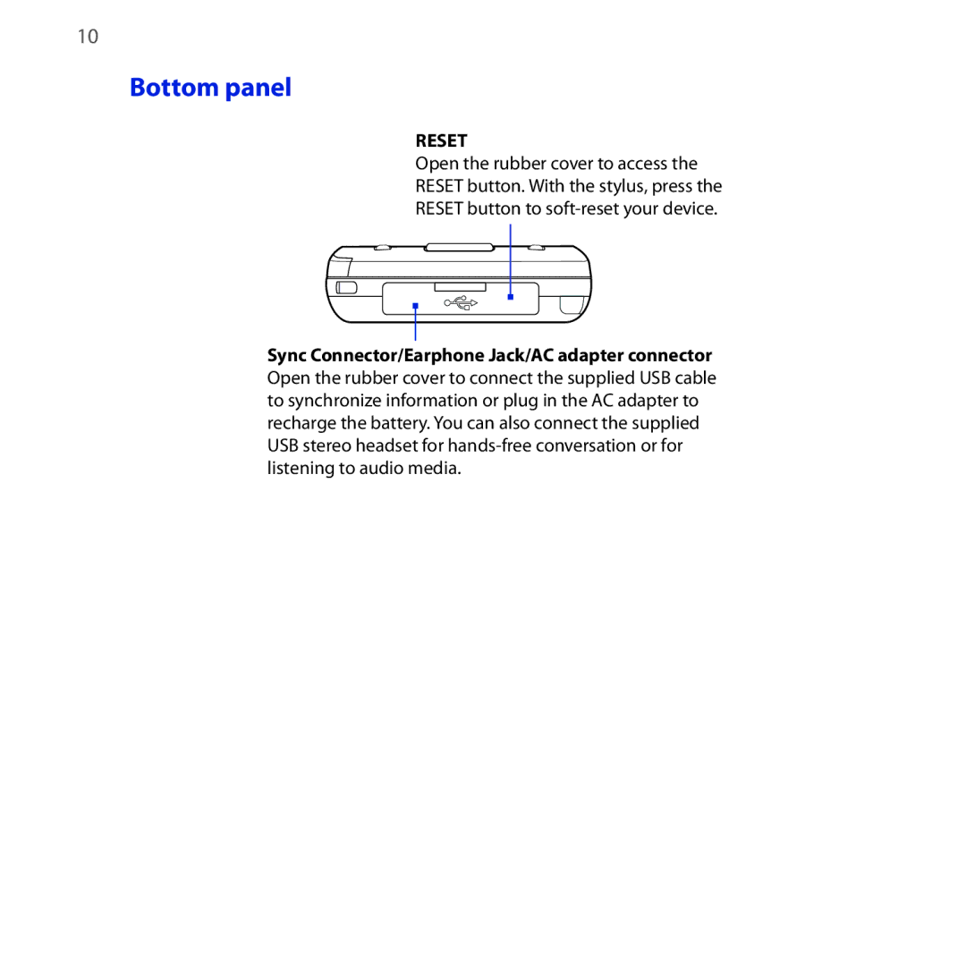 HTC NEON400 quick start Bottom panel, Reset 