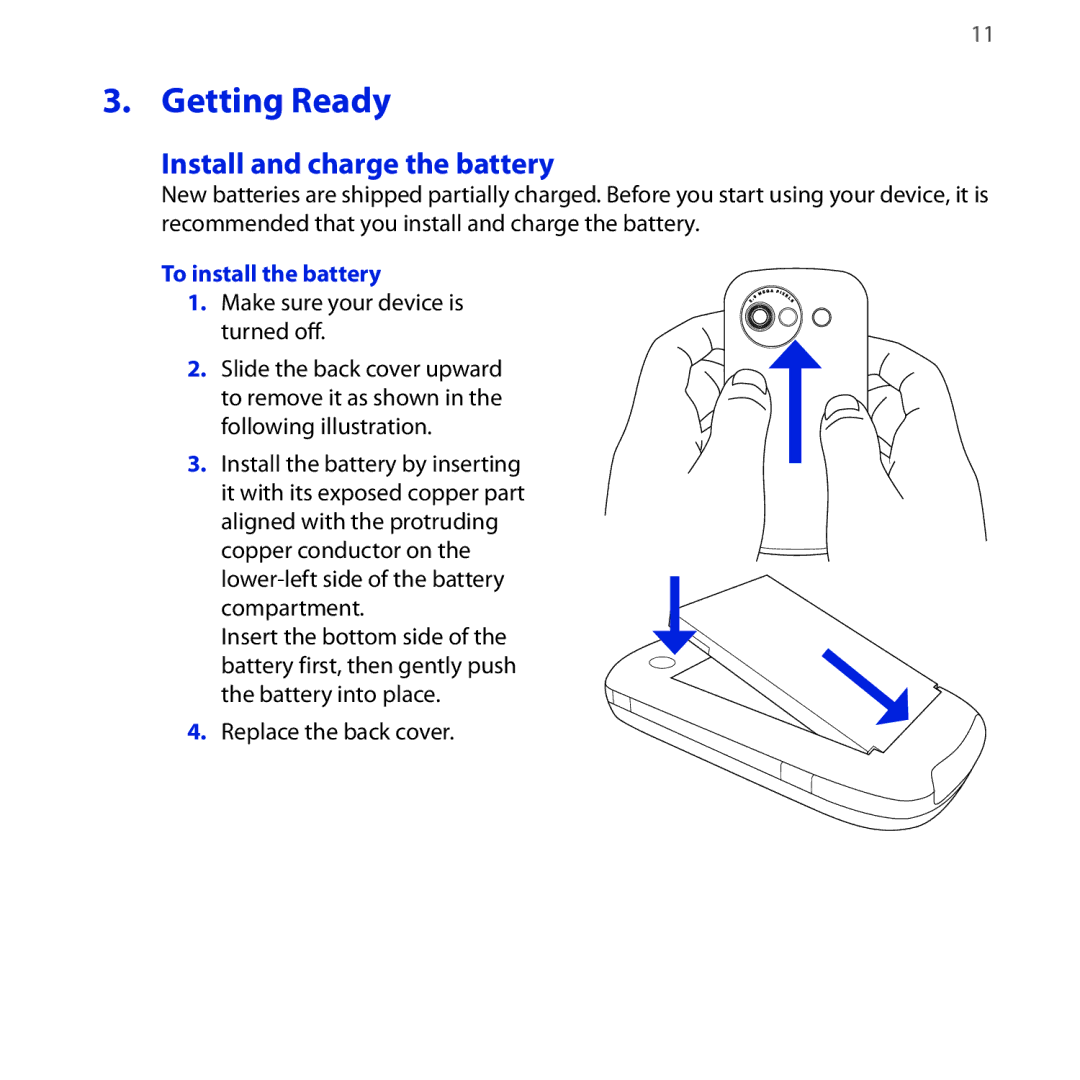 HTC NEON400 quick start Getting Ready, Install and charge the battery, To install the battery 