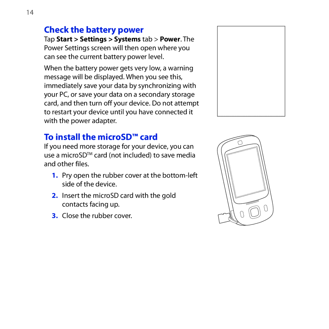 HTC NEON400 quick start Check the battery power, To install the microSD card 