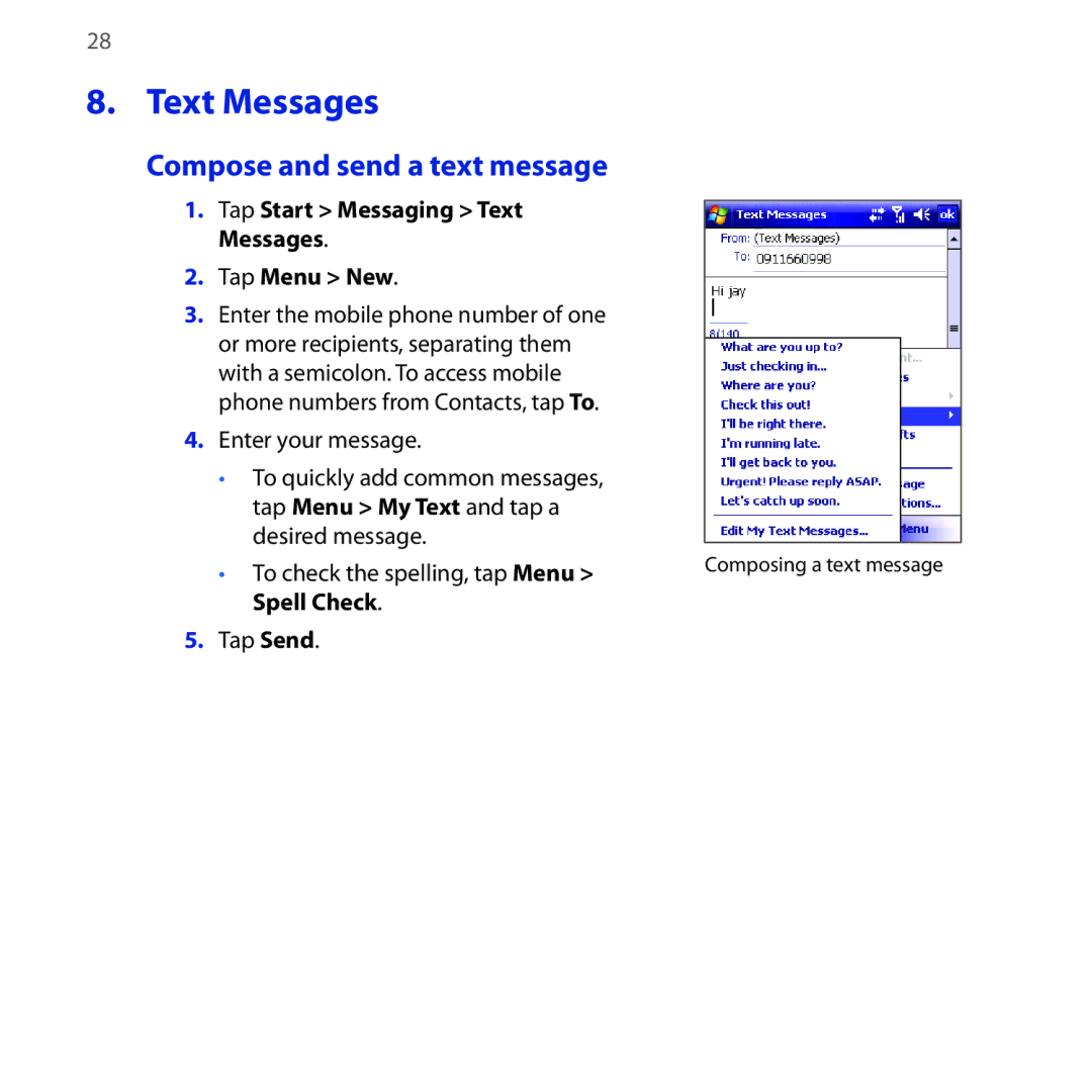 HTC NEON400 quick start Compose and send a text message, Tap Start Messaging Text Messages Tap Menu New, Spell Check 