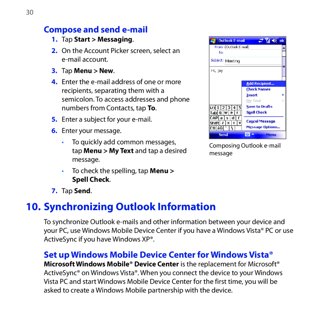 HTC NEON400 quick start Synchronizing Outlook Information, Compose and send e-mail, Tap Start Messaging 