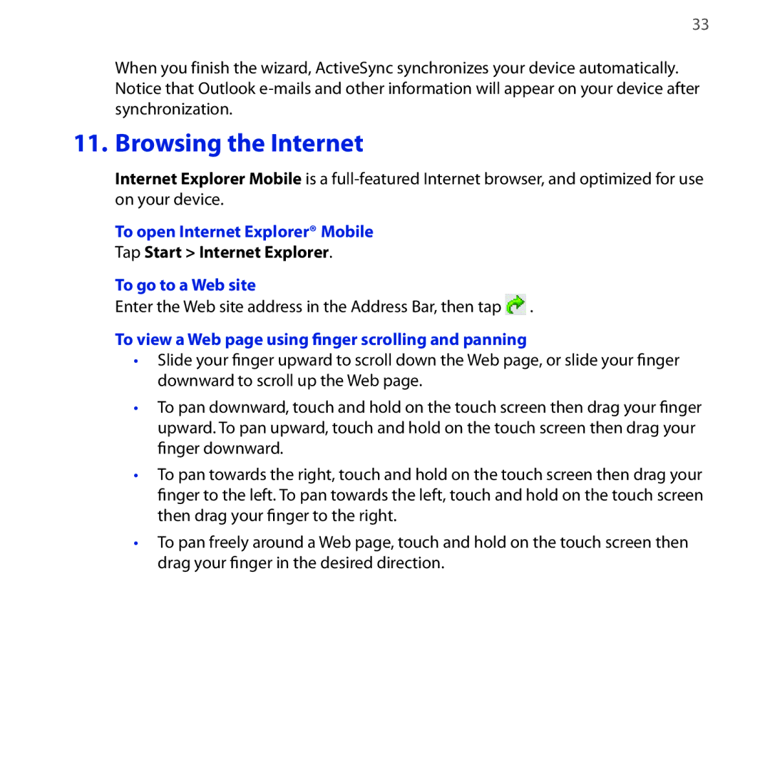 HTC NEON400 Browsing the Internet, To open Internet Explorer Mobile, Tap Start Internet Explorer, To go to a Web site 