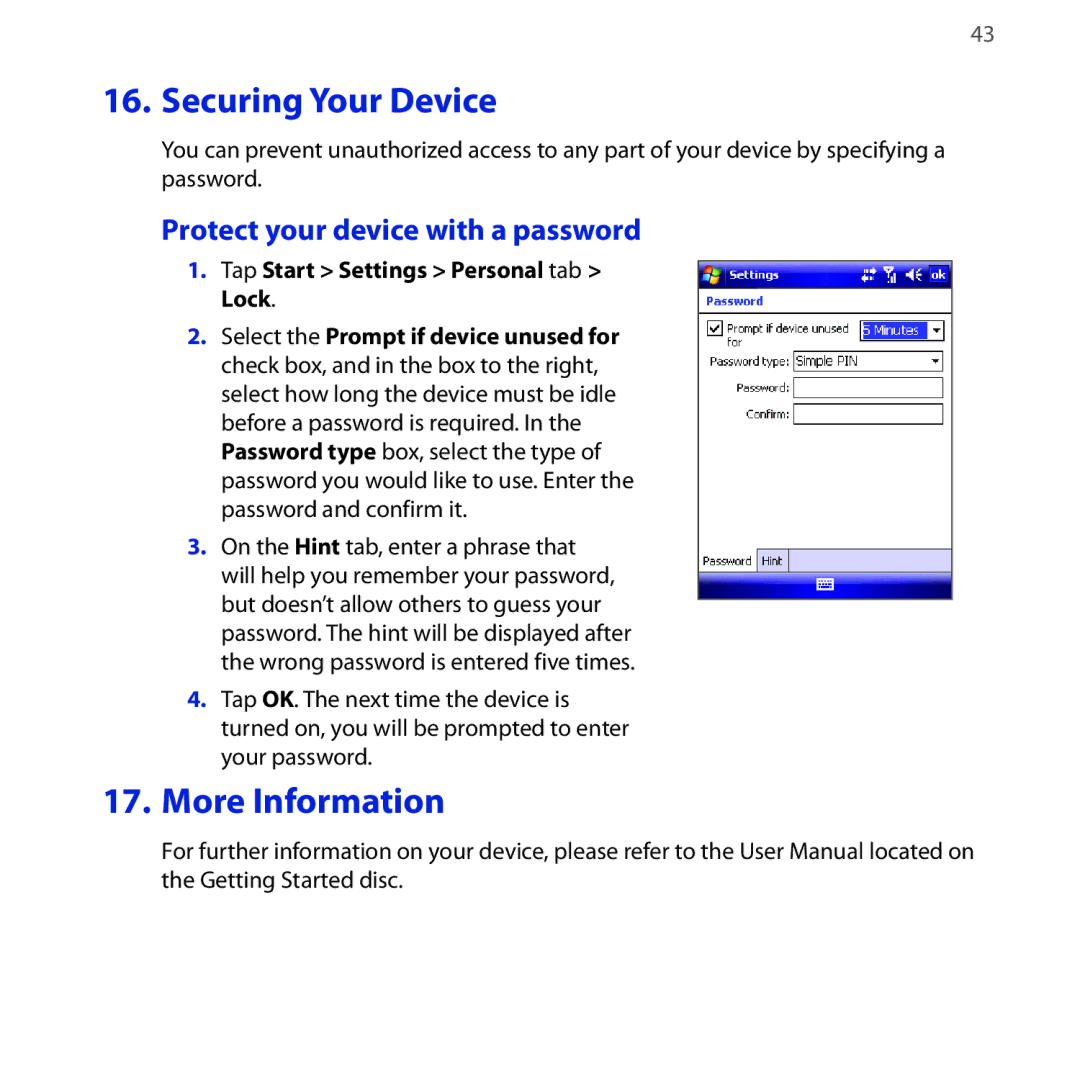 HTC NEON400 quick start Securing Your Device, More Information, Protect your device with a password 