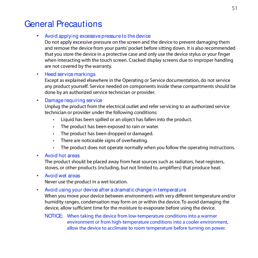 HTC NEON400 quick start General Precautions 