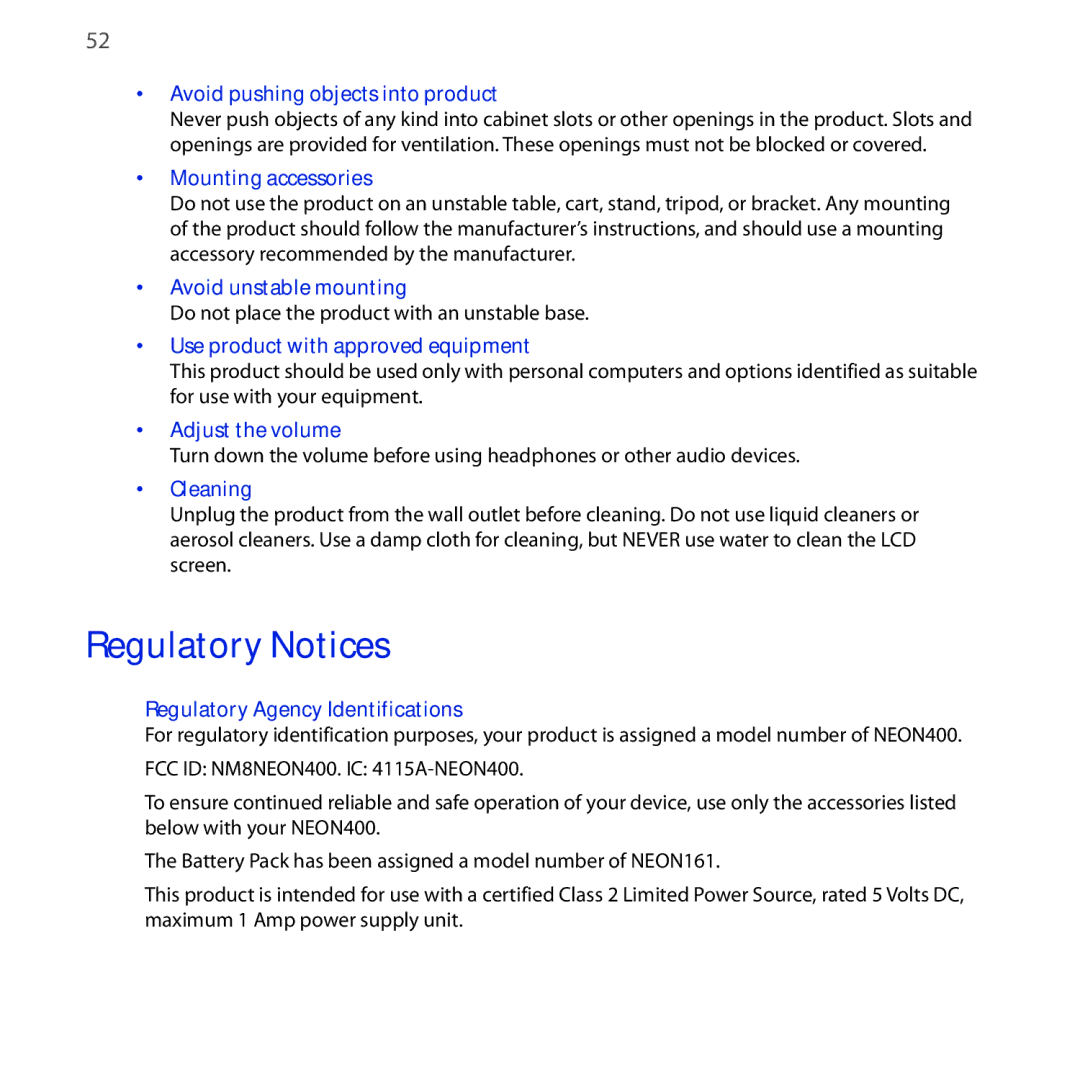 HTC NEON400 quick start Regulatory Notices 