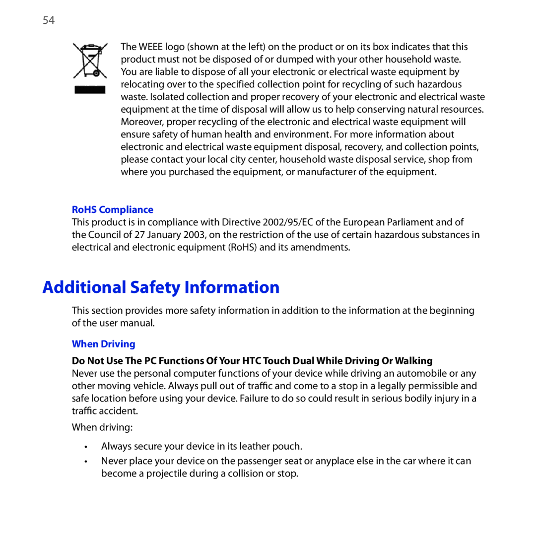 HTC NEON400 quick start Additional Safety Information, RoHS Compliance, When Driving 