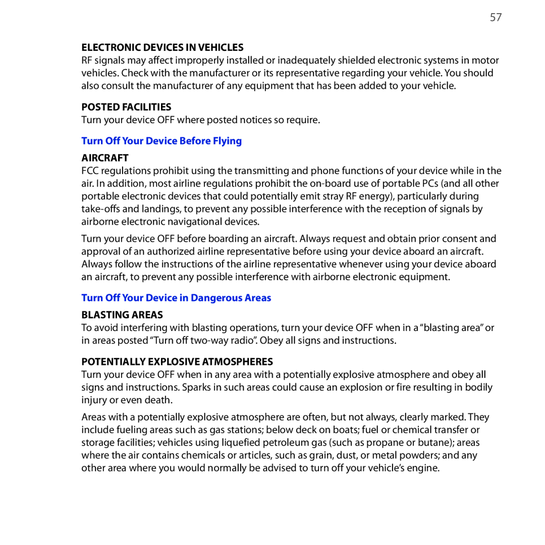 HTC NEON400 quick start Turn Off Your Device Before Flying, Turn Off Your Device in Dangerous Areas 