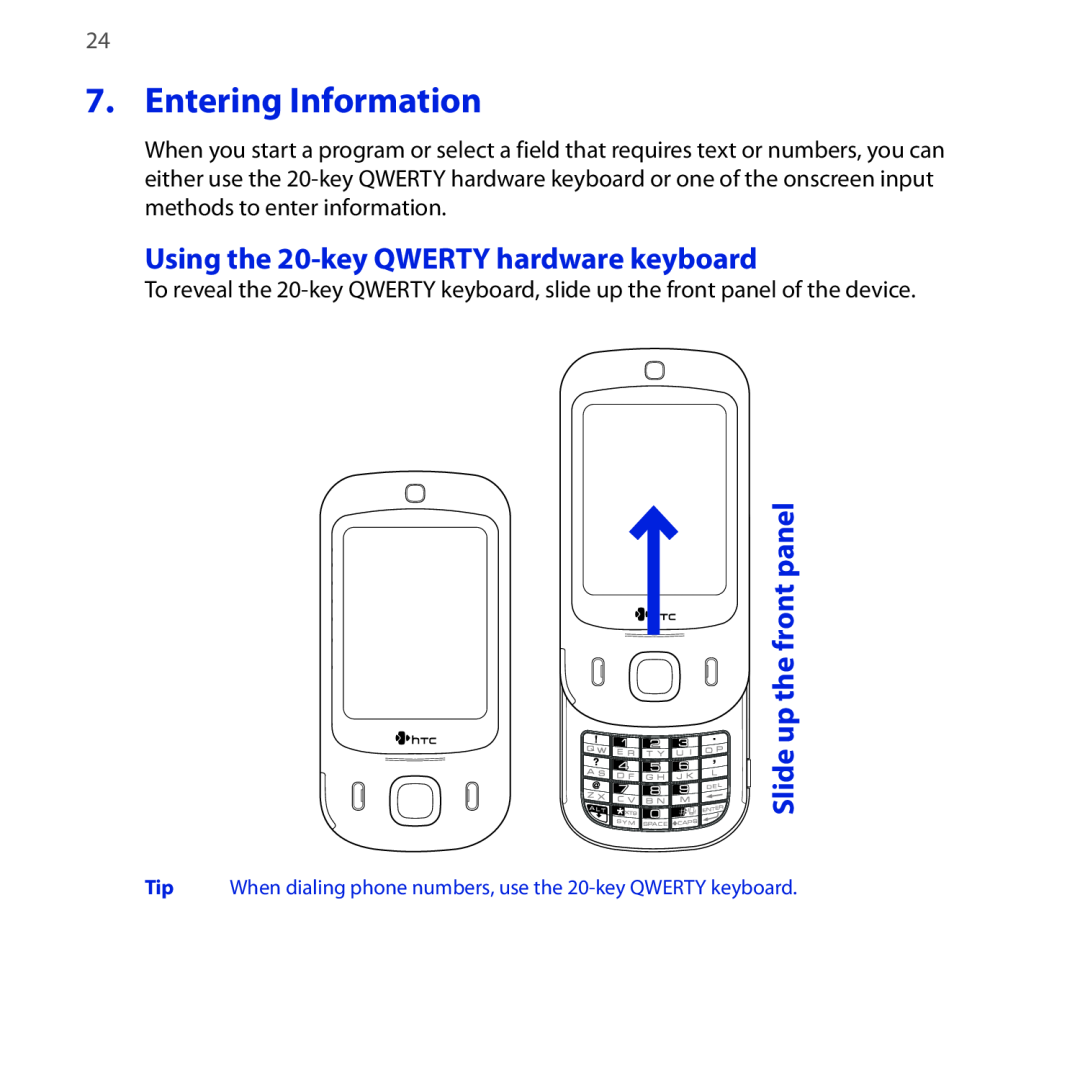 HTC NEON400 quick start Entering Information, Using the 20-key QWERTY hardware keyboard 