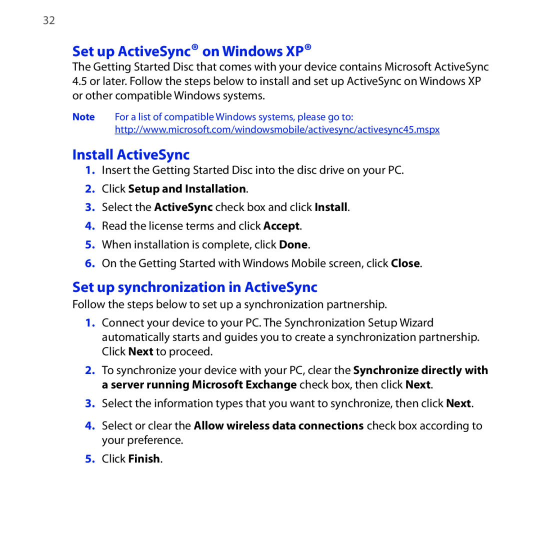 HTC NEON400 quick start Set up ActiveSync on Windows XP, Install ActiveSync, Set up synchronization in ActiveSync 