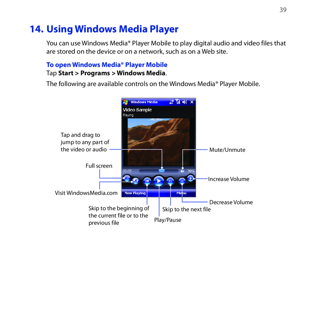 HTC NEON400 quick start Using Windows Media Player, To open Windows Media Player Mobile, Tap Start Programs Windows Media 
