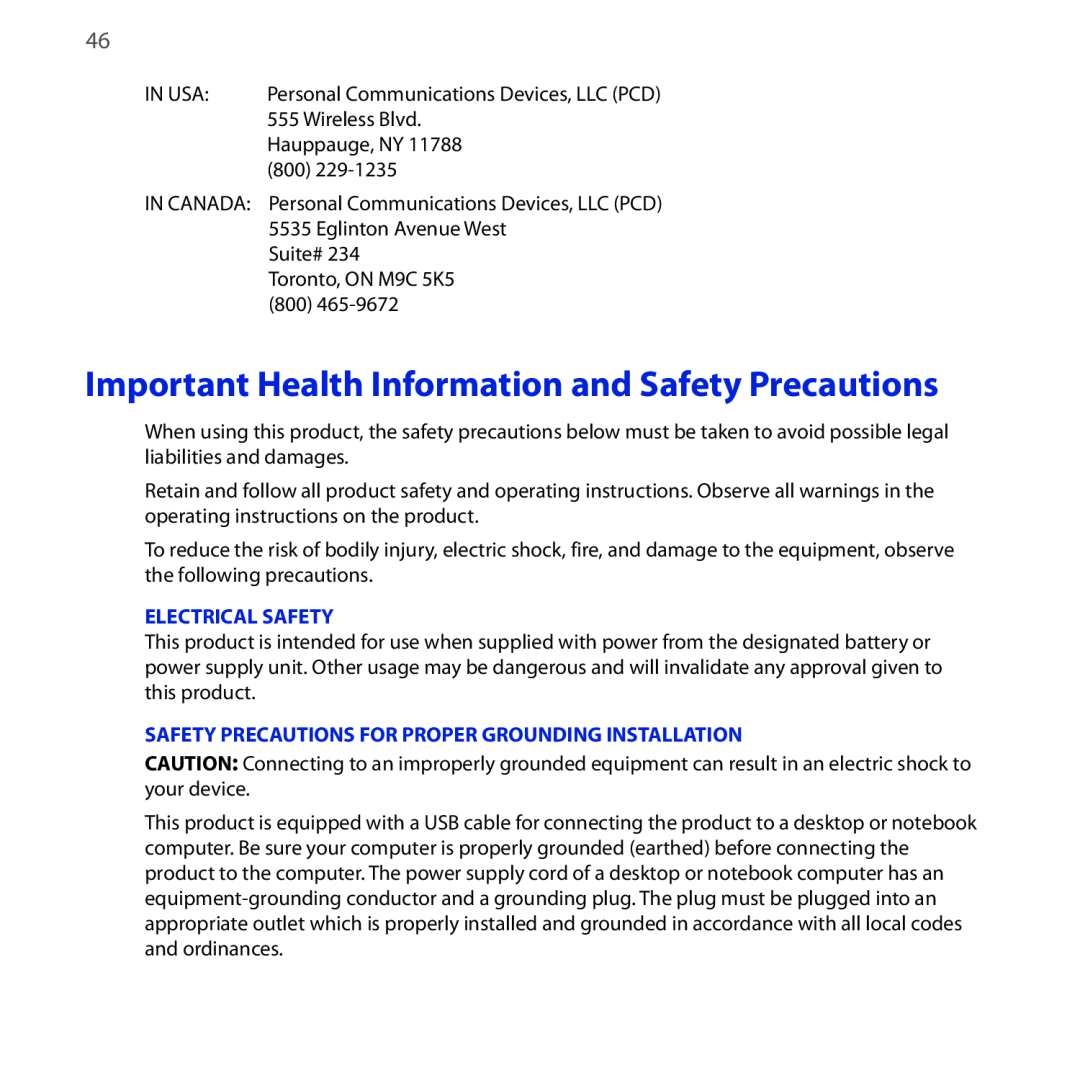 HTC NEON400 quick start Important Health Information and Safety Precautions, Electrical Safety 