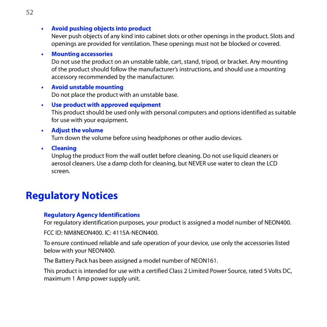 HTC NEON400 Regulatory Notices, Avoid pushing objects into product, Mounting accessories, Avoid unstable mounting 