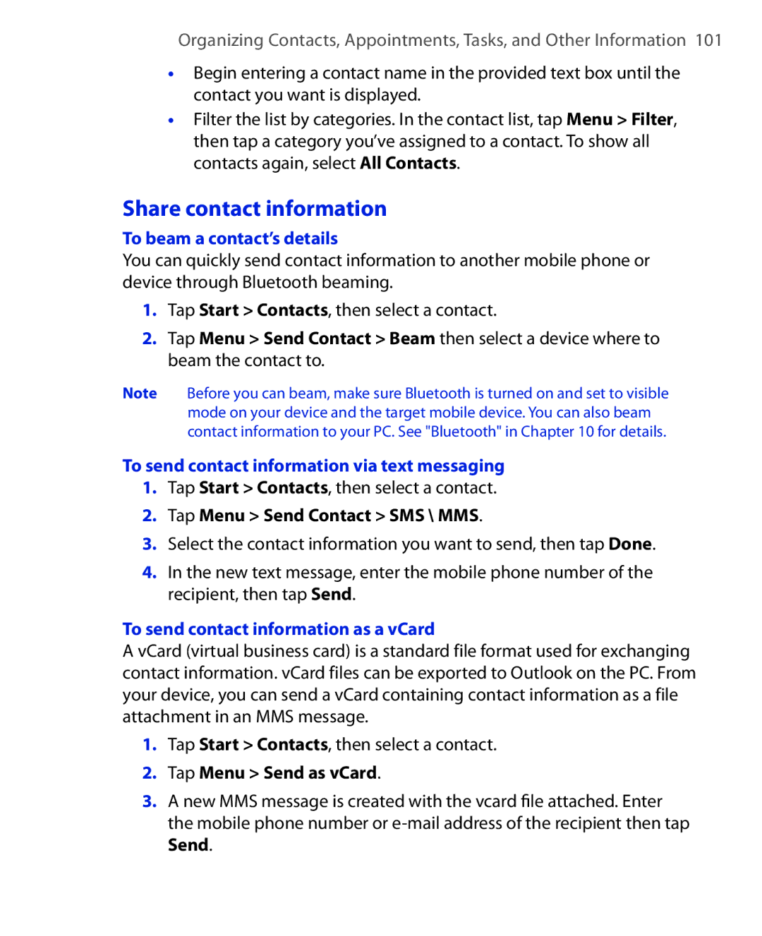 HTC NIKI100 Share contact information, To beam a contact’s details, To send contact information via text messaging 