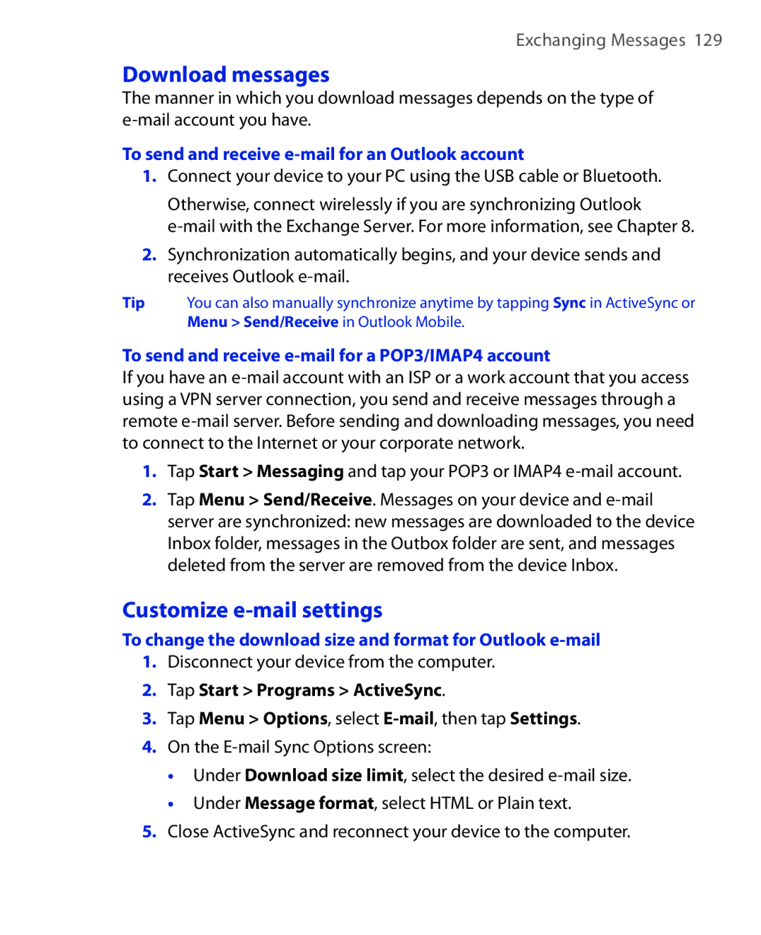 HTC NIKI100 user manual Download messages, Customize e-mail settings, To send and receive e-mail for an Outlook account 