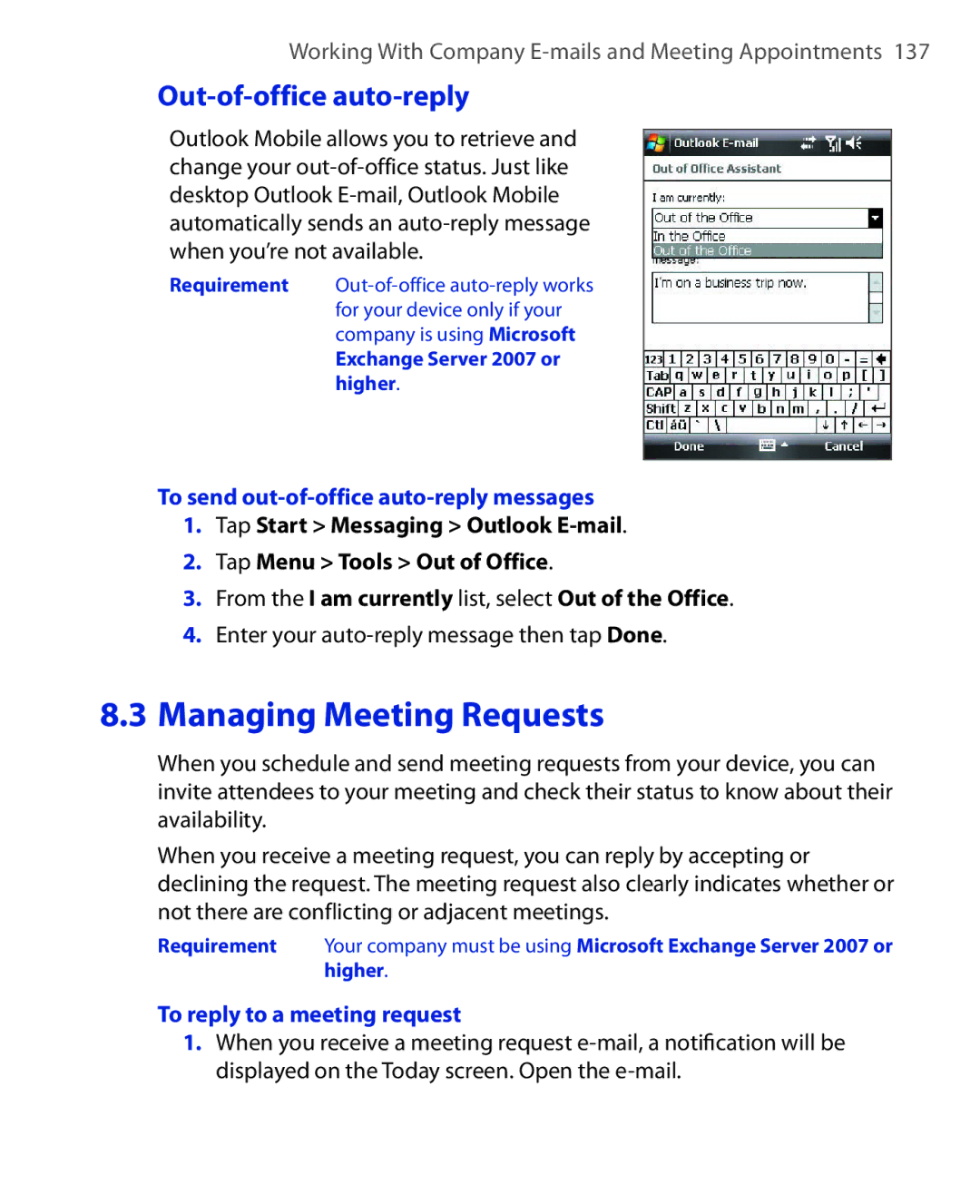 HTC NIKI100 user manual Out-of-office auto-reply, To send out-of-office auto-reply messages, To reply to a meeting request 