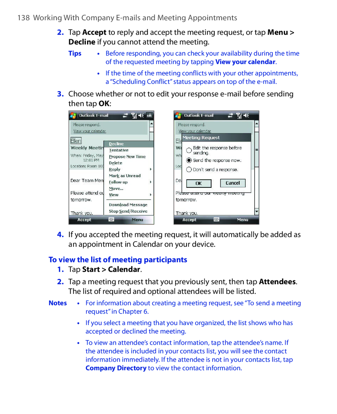 HTC NIKI100 user manual To view the list of meeting participants, Requested meeting by tapping View your calendar 