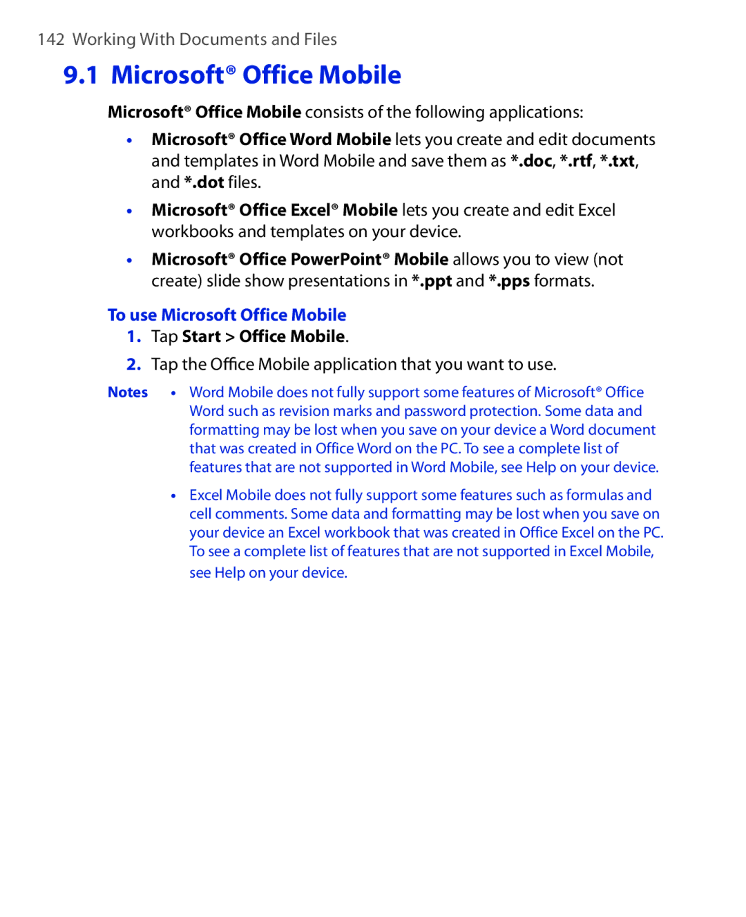 HTC NIKI100 user manual To use Microsoft Office Mobile, Tap Start Office Mobile 