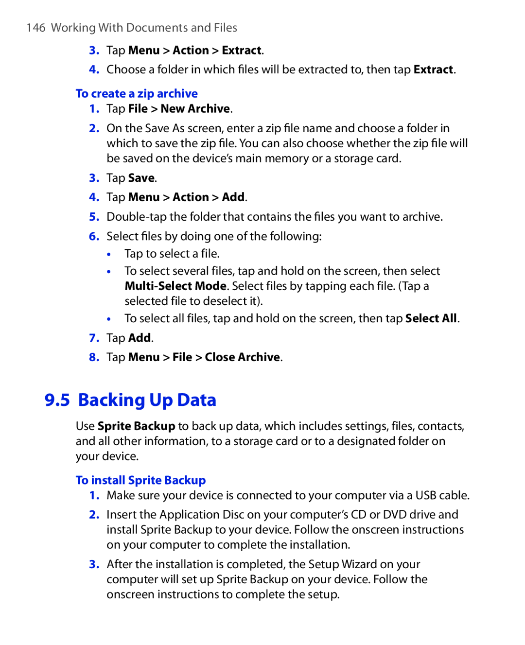 HTC NIKI100 user manual To create a zip archive, To install Sprite Backup 