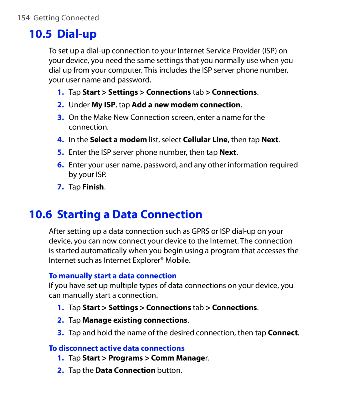 HTC NIKI100 user manual To manually start a data connection, To disconnect active data connections 