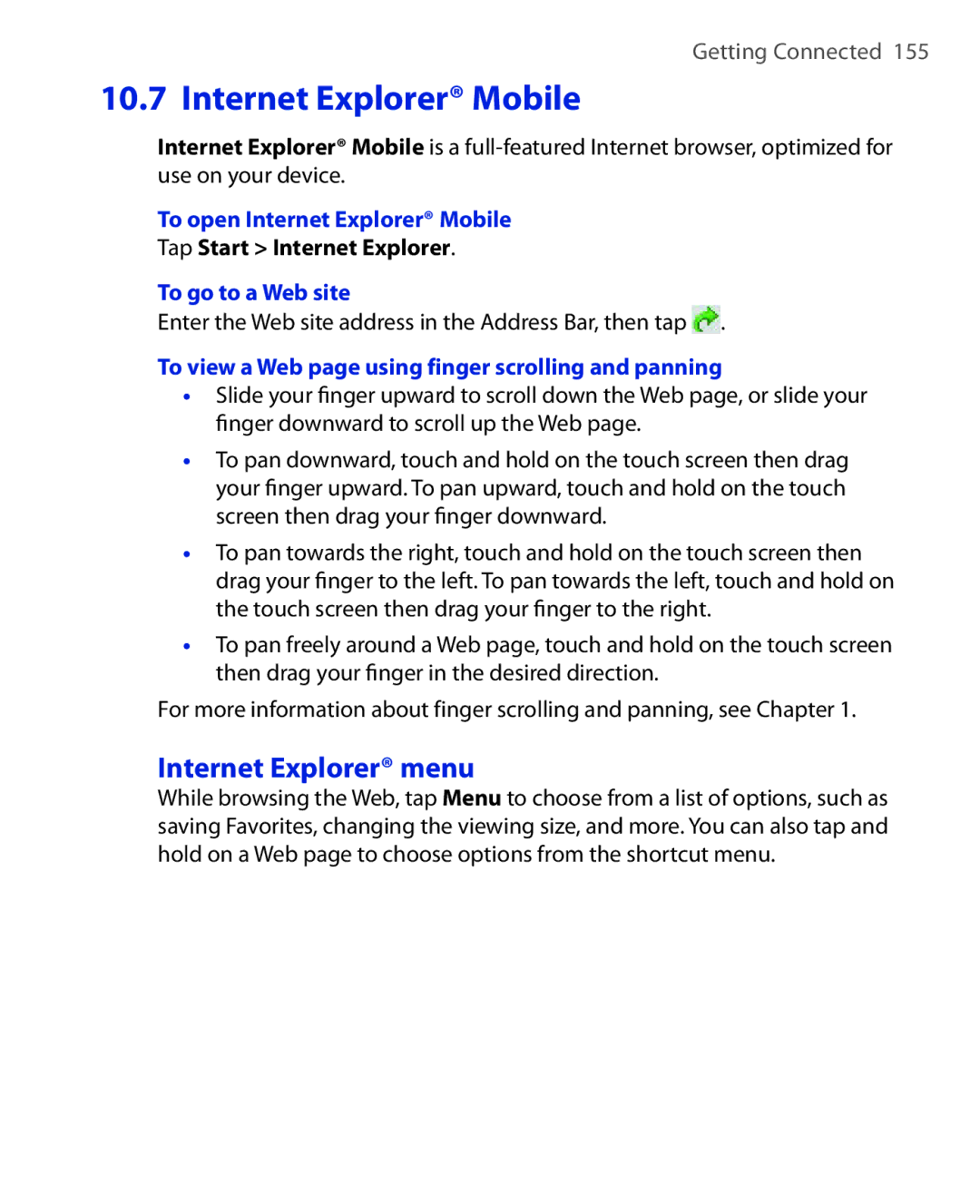 HTC NIKI100 Internet Explorer menu, To open Internet Explorer Mobile, Tap Start Internet Explorer, To go to a Web site 