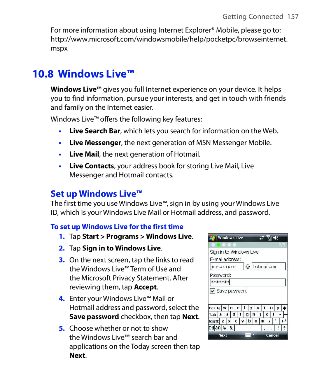 HTC NIKI100 user manual Set up Windows Live, To set up Windows Live for the first time 