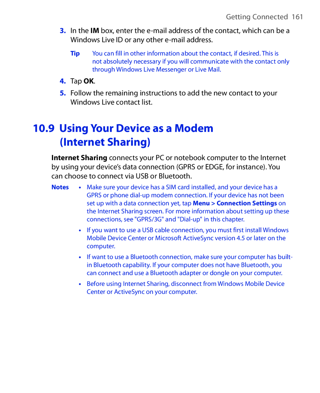 HTC NIKI100 user manual Using Your Device as a Modem Internet Sharing 