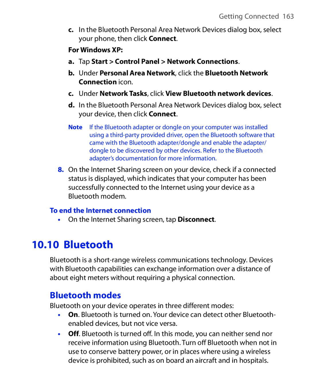 HTC NIKI100 user manual Bluetooth modes, To end the Internet connection, On the Internet Sharing screen, tap Disconnect 