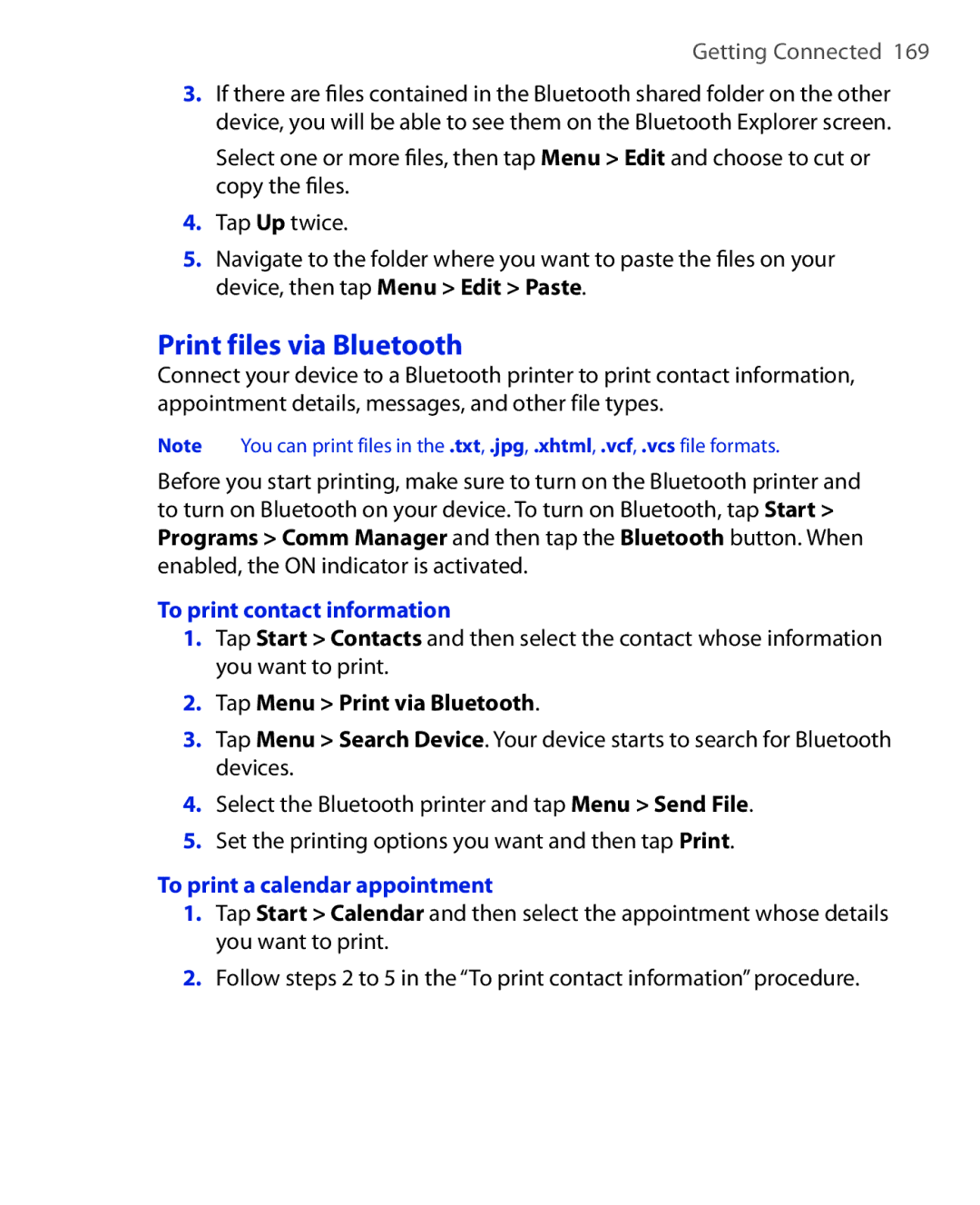 HTC NIKI100 user manual Print files via Bluetooth, To print contact information, Tap Menu Print via Bluetooth 