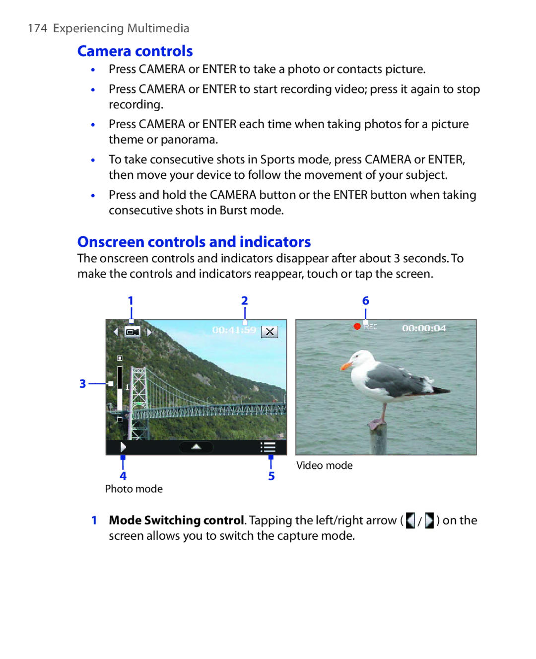 HTC NIKI100 user manual Camera controls, Onscreen controls and indicators 