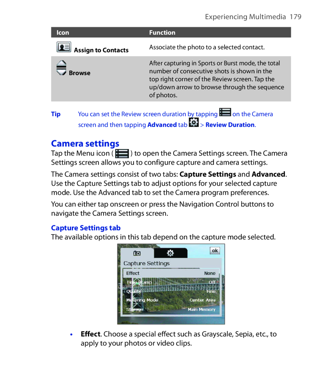 HTC NIKI100 user manual Camera settings, Capture Settings tab 