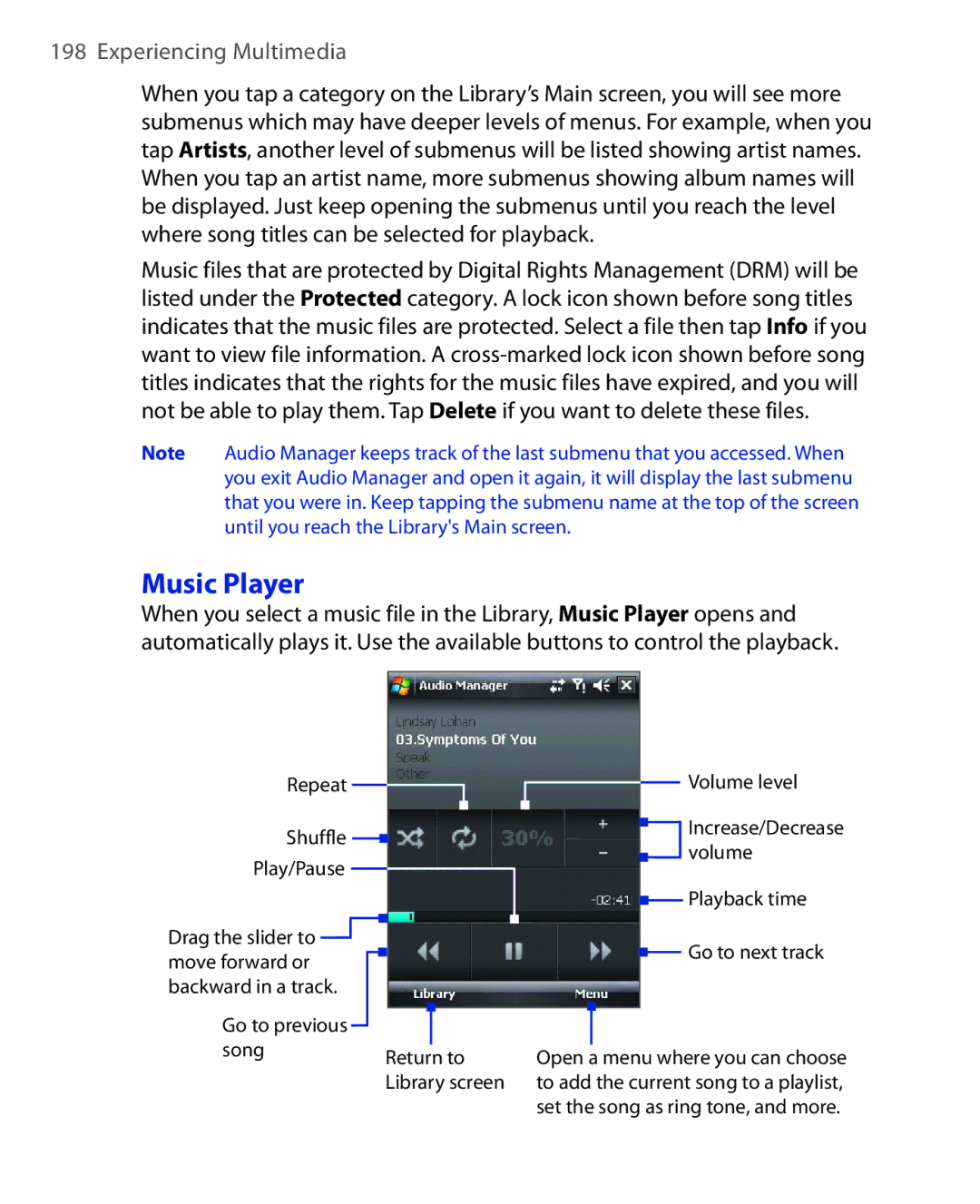 HTC NIKI100 user manual Music Player, Playback time Go to next track 