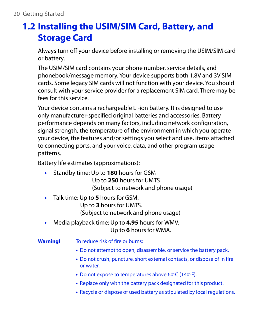 HTC NIKI100 user manual Installing the USIM/SIM Card, Battery, and Storage Card 