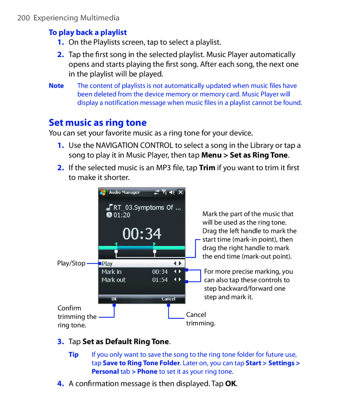 HTC NIKI100 user manual Set music as ring tone, To play back a playlist, Tap Set as Default Ring Tone 