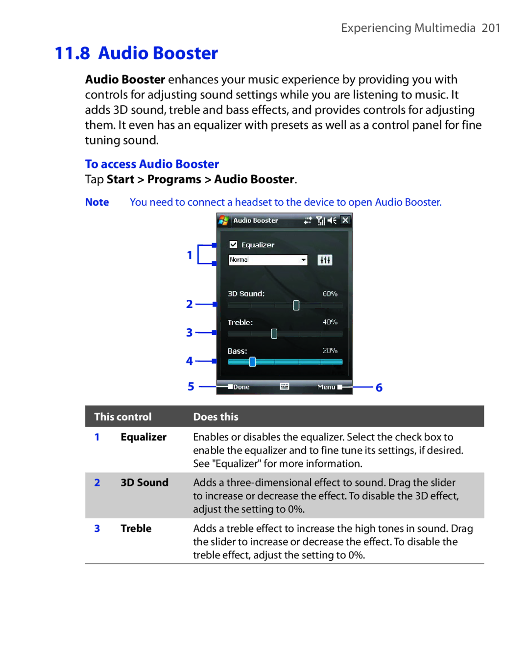 HTC NIKI100 user manual To access Audio Booster, Tap Start Programs Audio Booster 