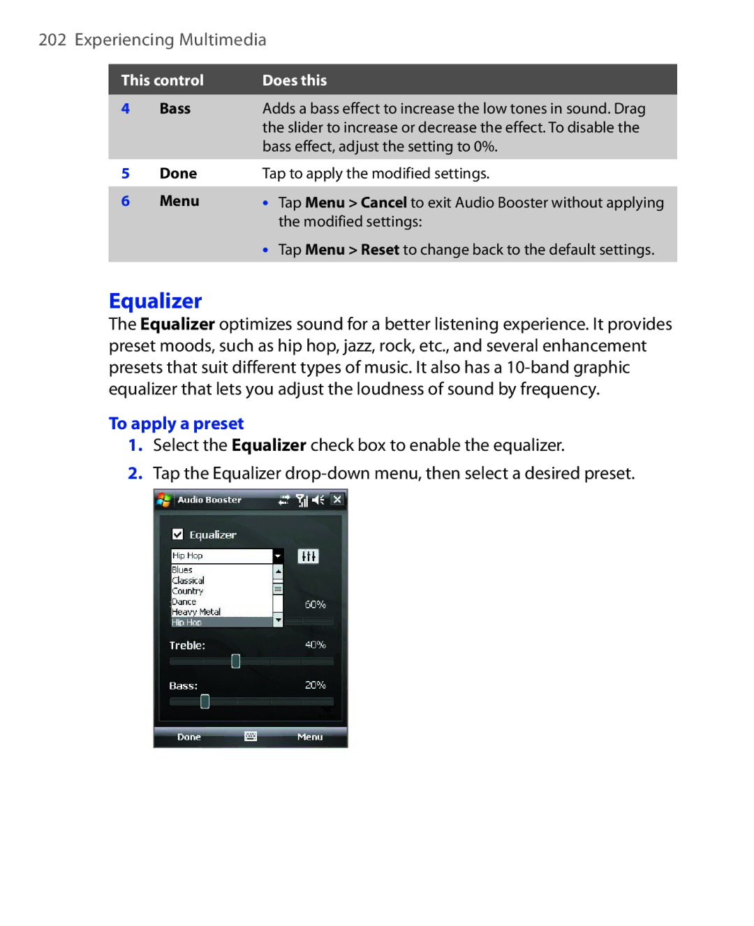 HTC NIKI100 user manual Equalizer, To apply a preset 