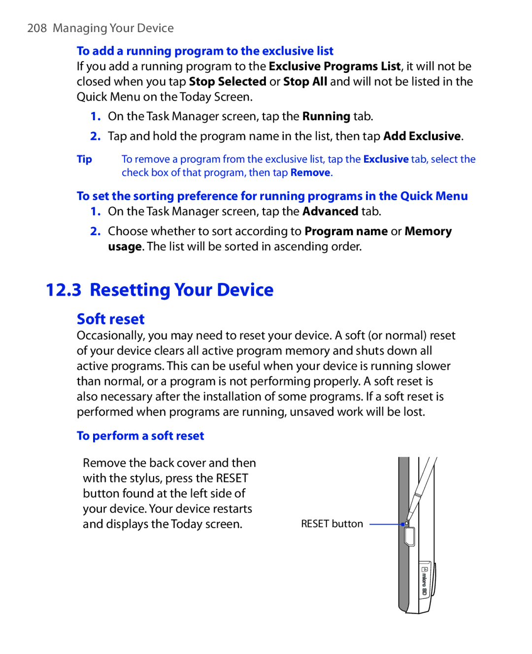 HTC NIKI100 user manual Soft reset, To add a running program to the exclusive list, To perform a soft reset 