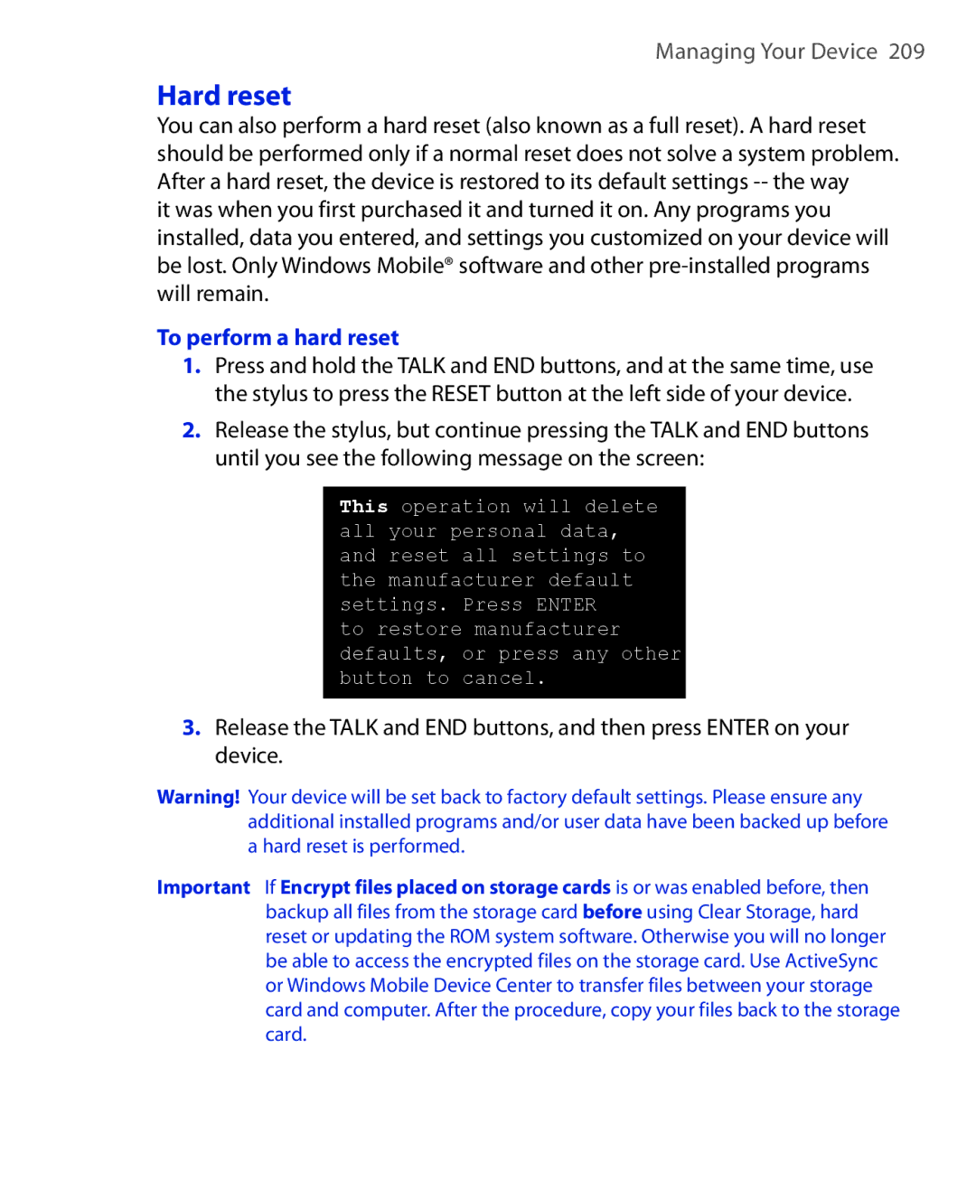 HTC NIKI100 user manual Hard reset, To perform a hard reset 