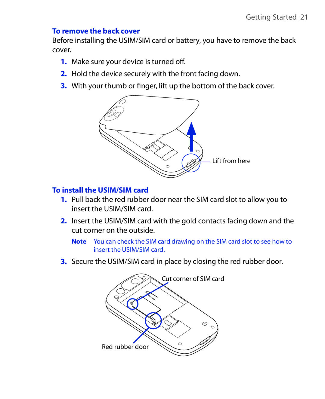 HTC NIKI100 user manual To remove the back cover, To install the USIM/SIM card 