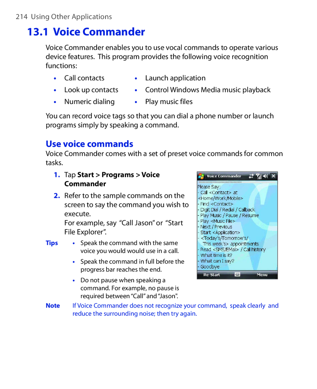 HTC NIKI100 user manual Voice Commander, Use voice commands, Call contacts Launch application Look up contacts 