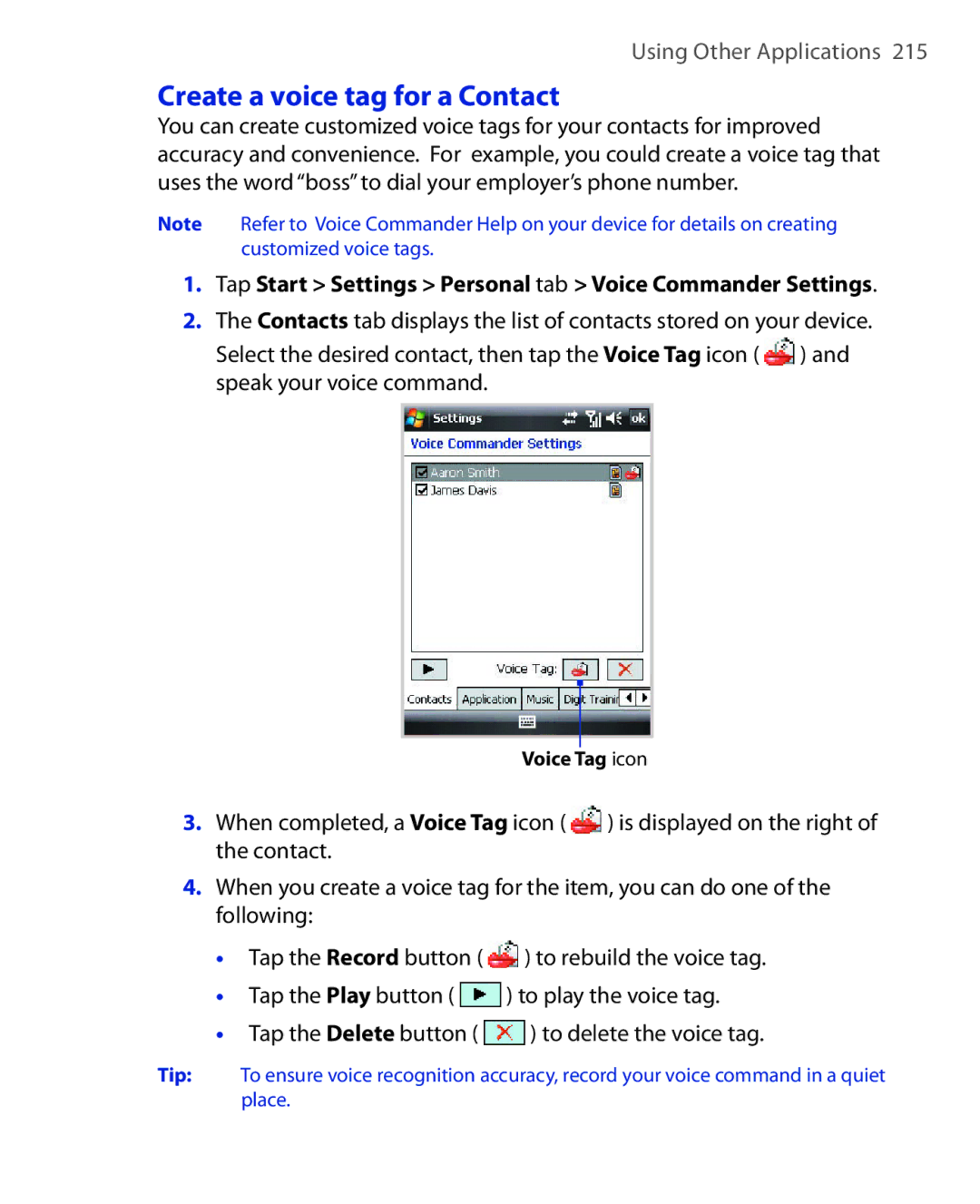 HTC NIKI100 user manual Create a voice tag for a Contact 