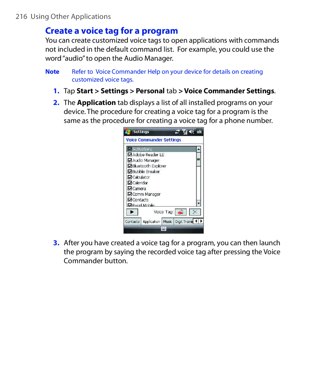 HTC NIKI100 user manual Create a voice tag for a program, Tap Start Settings Personal tab Voice Commander Settings 