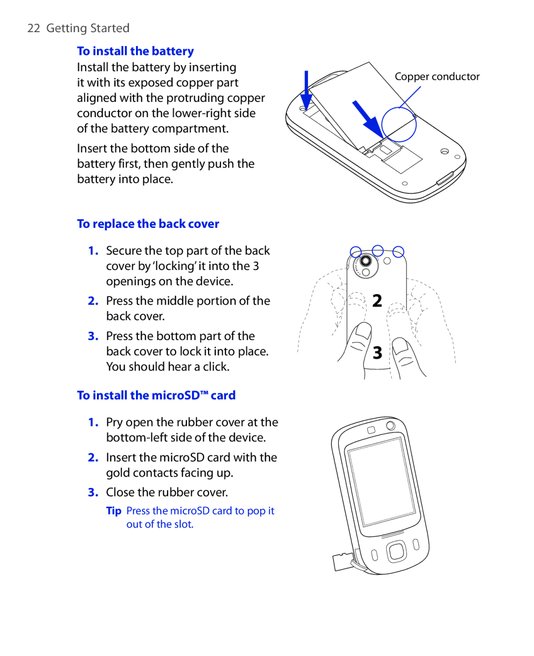 HTC NIKI100 user manual To install the battery, To replace the back cover, To install the microSD card 