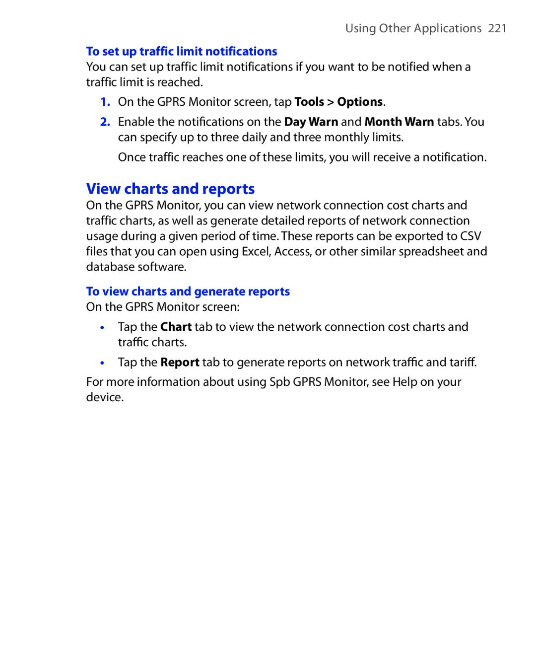 HTC NIKI100 user manual View charts and reports, To set up traffic limit notifications, To view charts and generate reports 