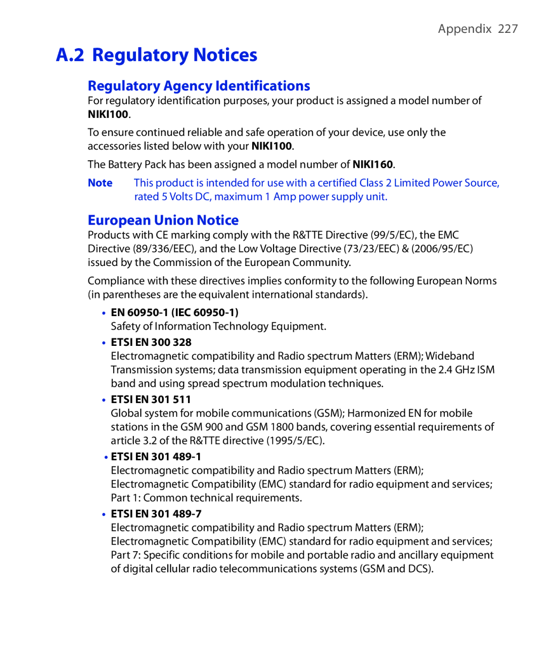 HTC NIKI100 user manual Regulatory Agency Identifications 