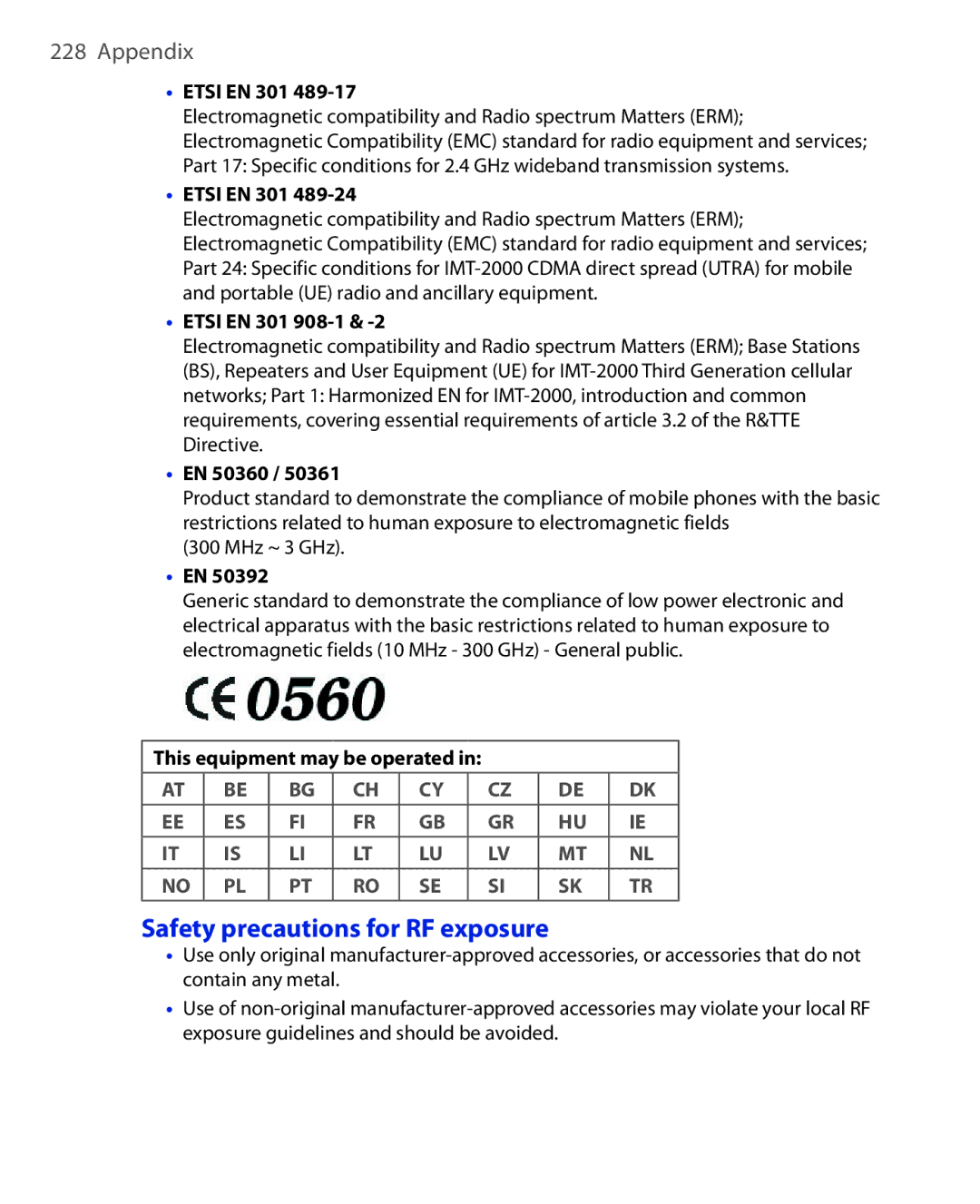 HTC NIKI100 user manual Safety precautions for RF exposure 